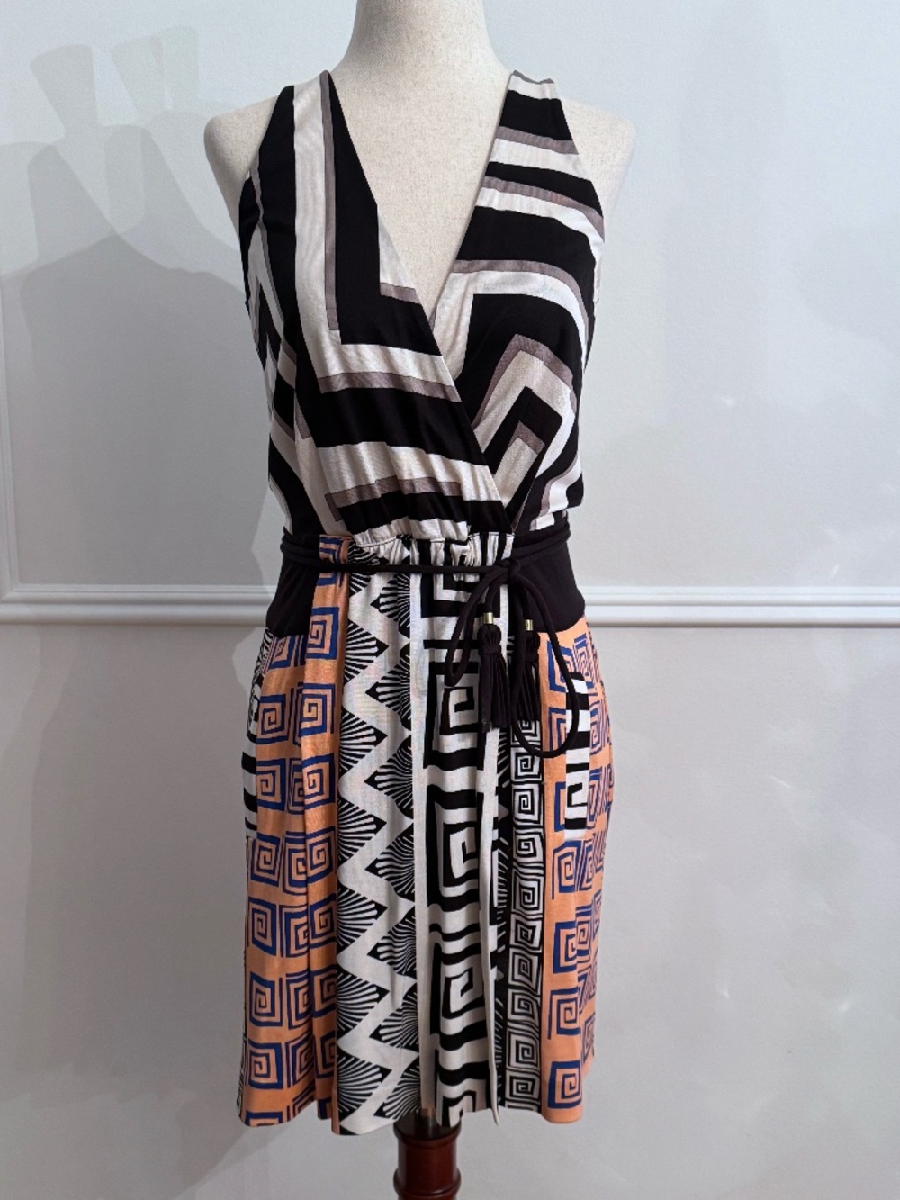 Diane von Furstenberg Silk Jersey Wrap Dress Greek Key Geometric Print Tassel 4